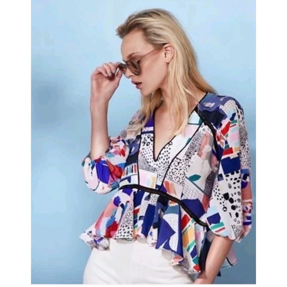 Hunter Bell Grayson Abstract Geometric Watercolor Silk Top Ruffle Peplum Small